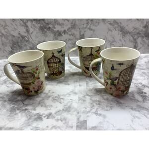 Stokes Vintage Set of Four Bird and Bird Cage Designed Floral Mugs - 14 ounces
